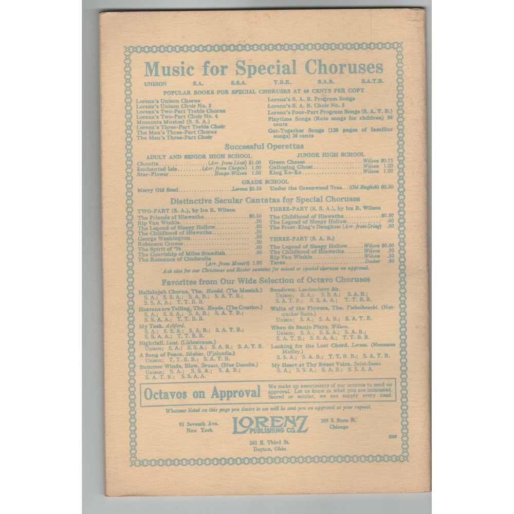Vintage 1939 SSA Program Songs Secular Three-Part Choruses Lorenz Publishing Co - Picture 2 of 3
